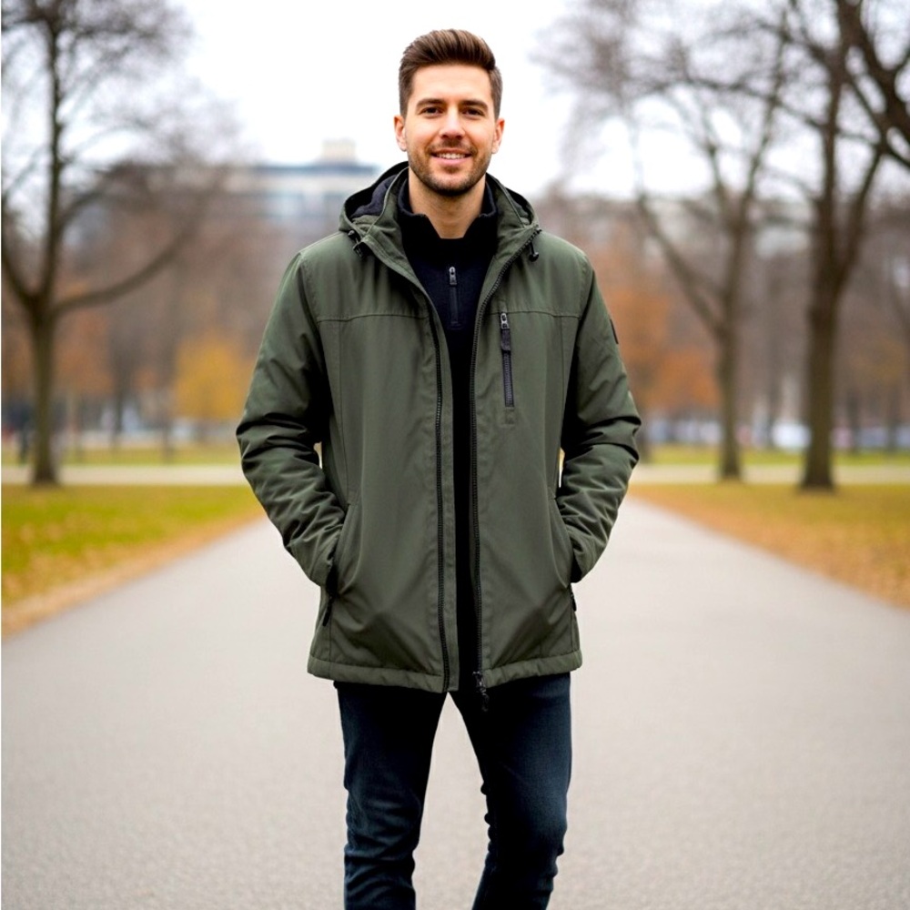 Calvin Klein Men’s Softshell Olive Green Hooded Utility Jacket Quilted Sz L